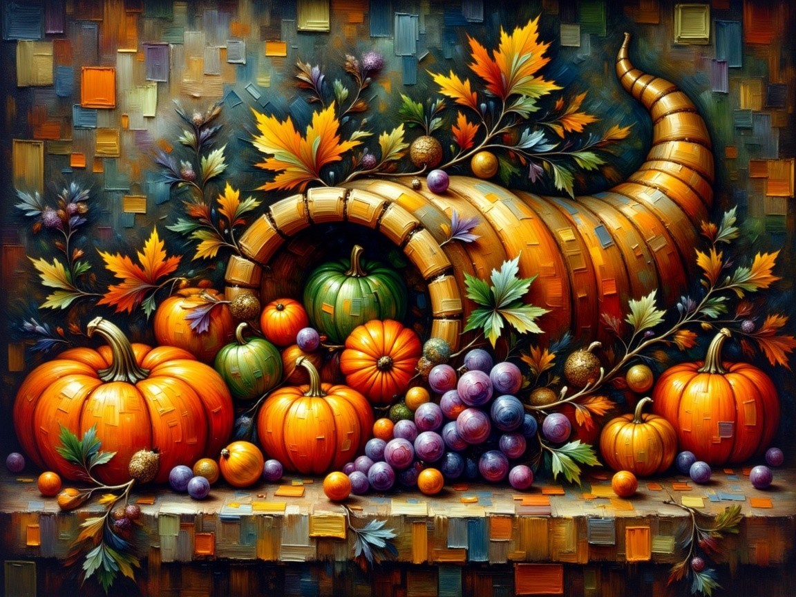 Vibrant Still Life of Cornucopia with Pumpkins and Grapes