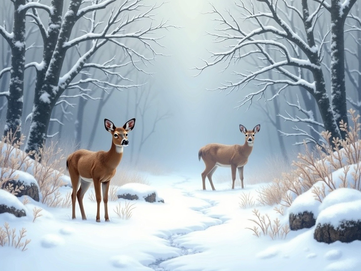 Winter Landscape with Deer and Snowy Trees