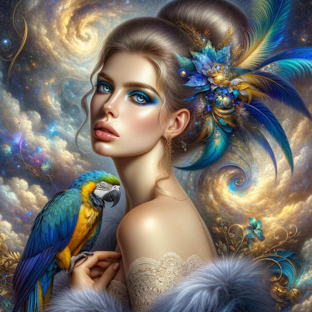 Elegant Woman with Blue Eyes and Peacock Feathers