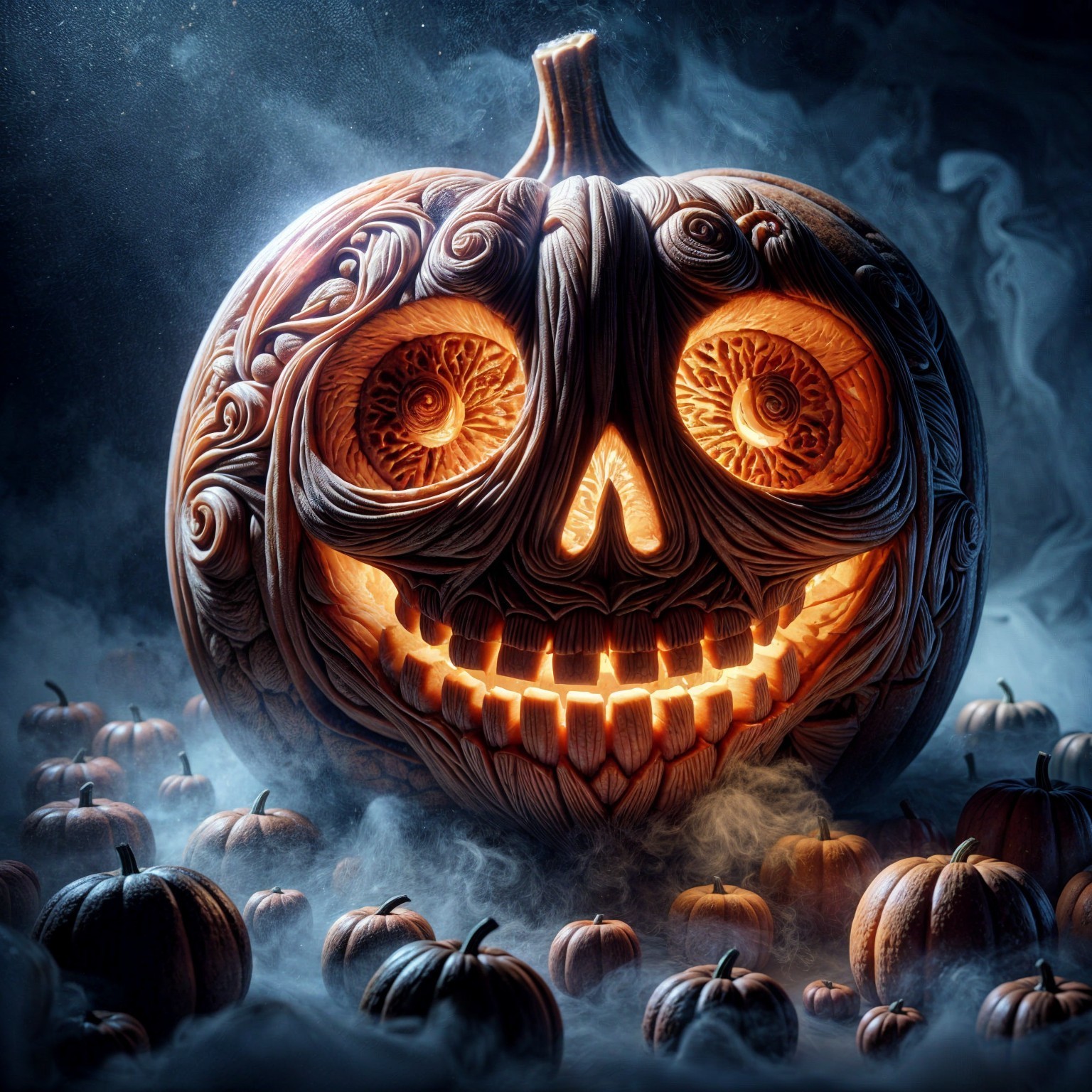 Intricate Carved Pumpkin in Misty Halloween Setting