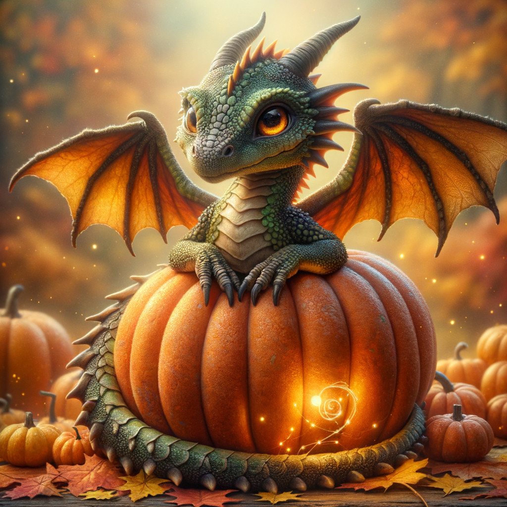 Mythical Dragon on Pumpkin in Whimsical Fall Scene