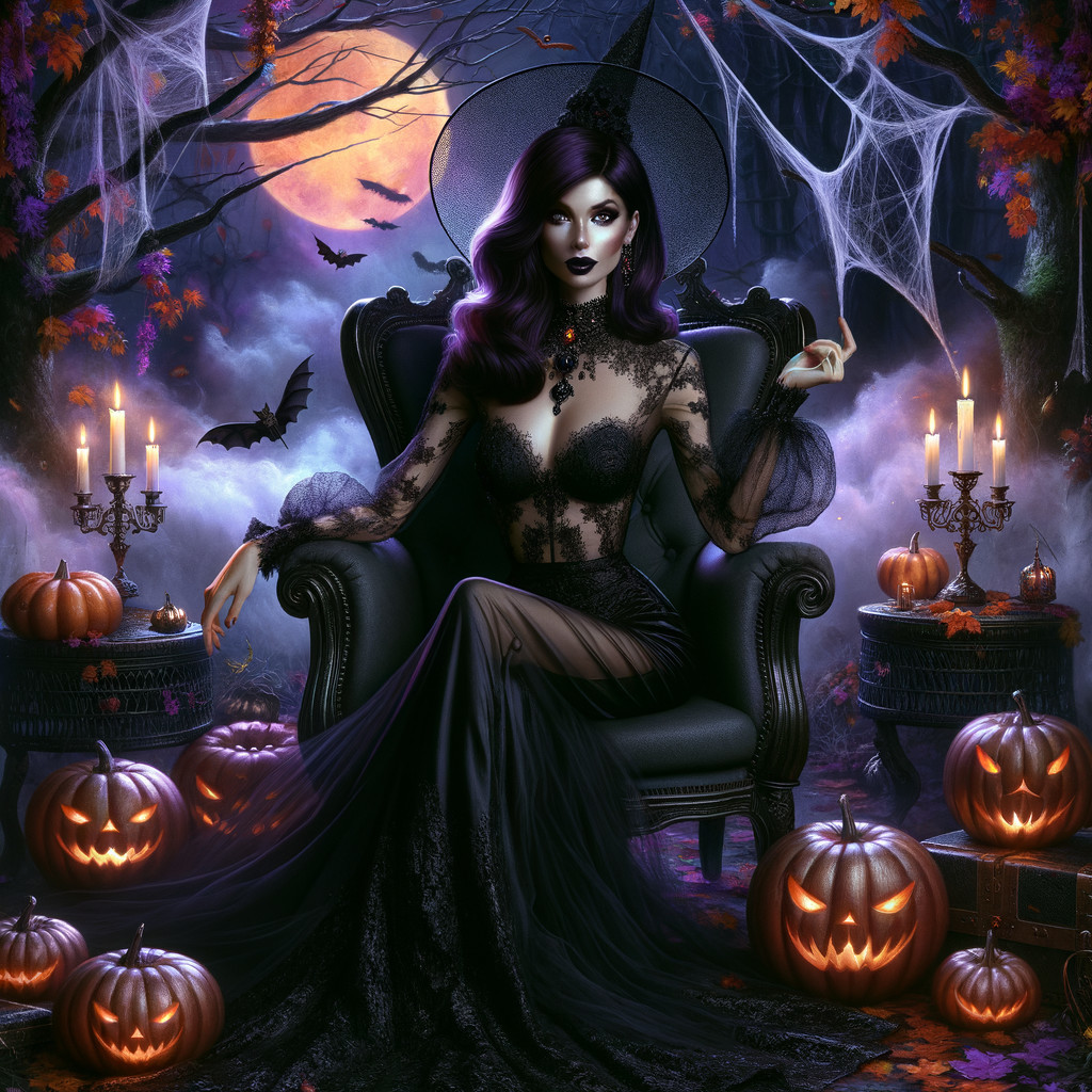 Mysterious Woman in Black Gown in Enchanted Forest