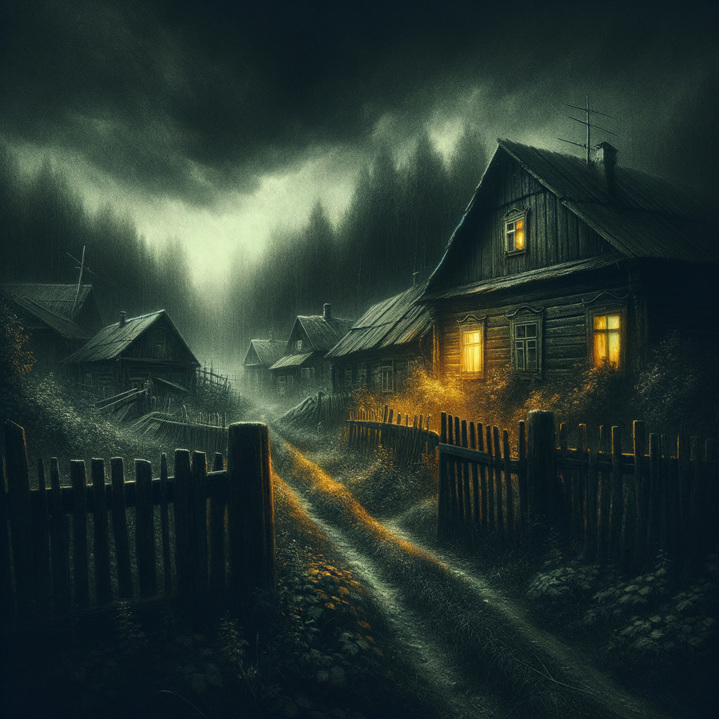 Atmospheric Village Scene at Dusk with Mist and Shadows