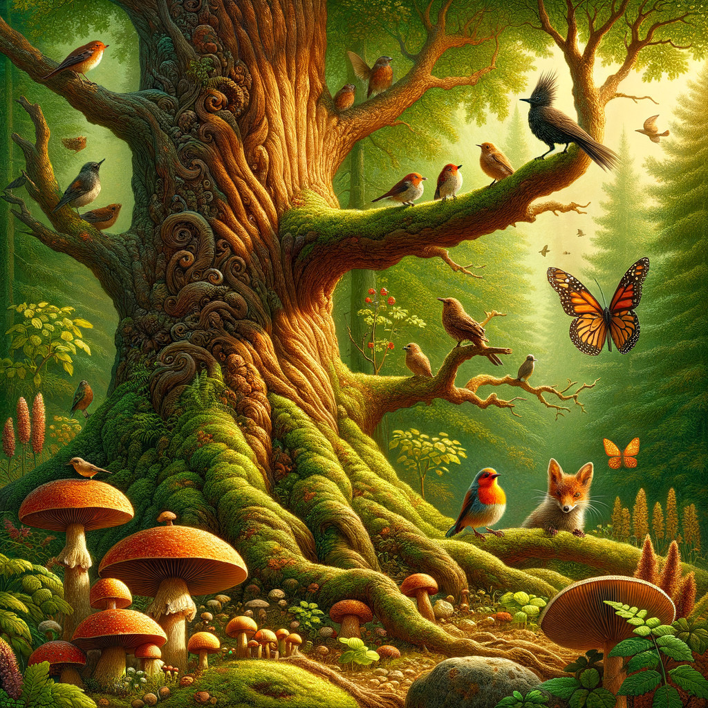 Ancient Tree Surrounded by Woodland Flora and Fauna