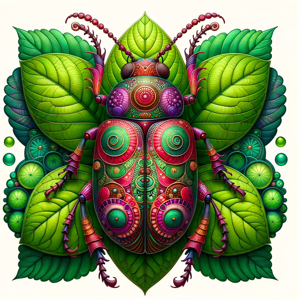 Vibrant Beetle Surrounded by Lush Green Leaves