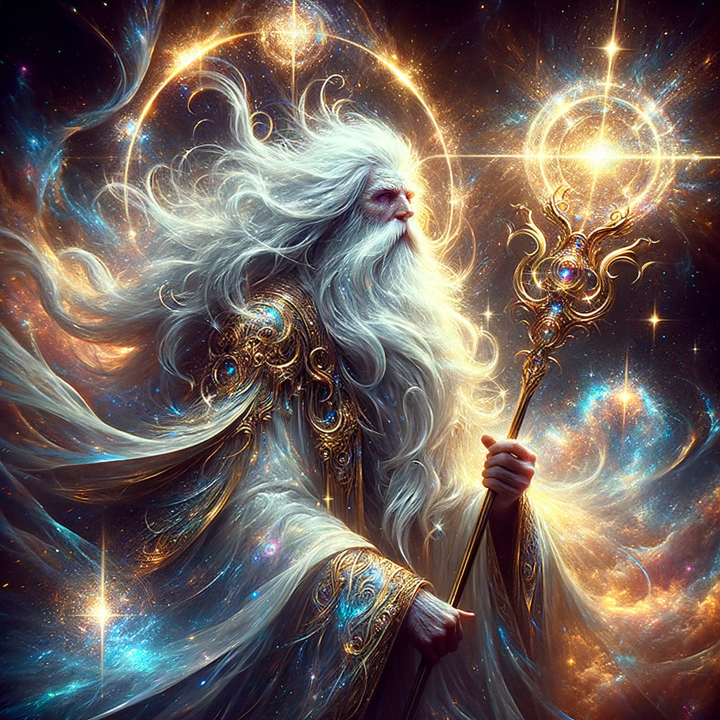 Cosmic Wizard in Gilded Robe with Glowing Staff