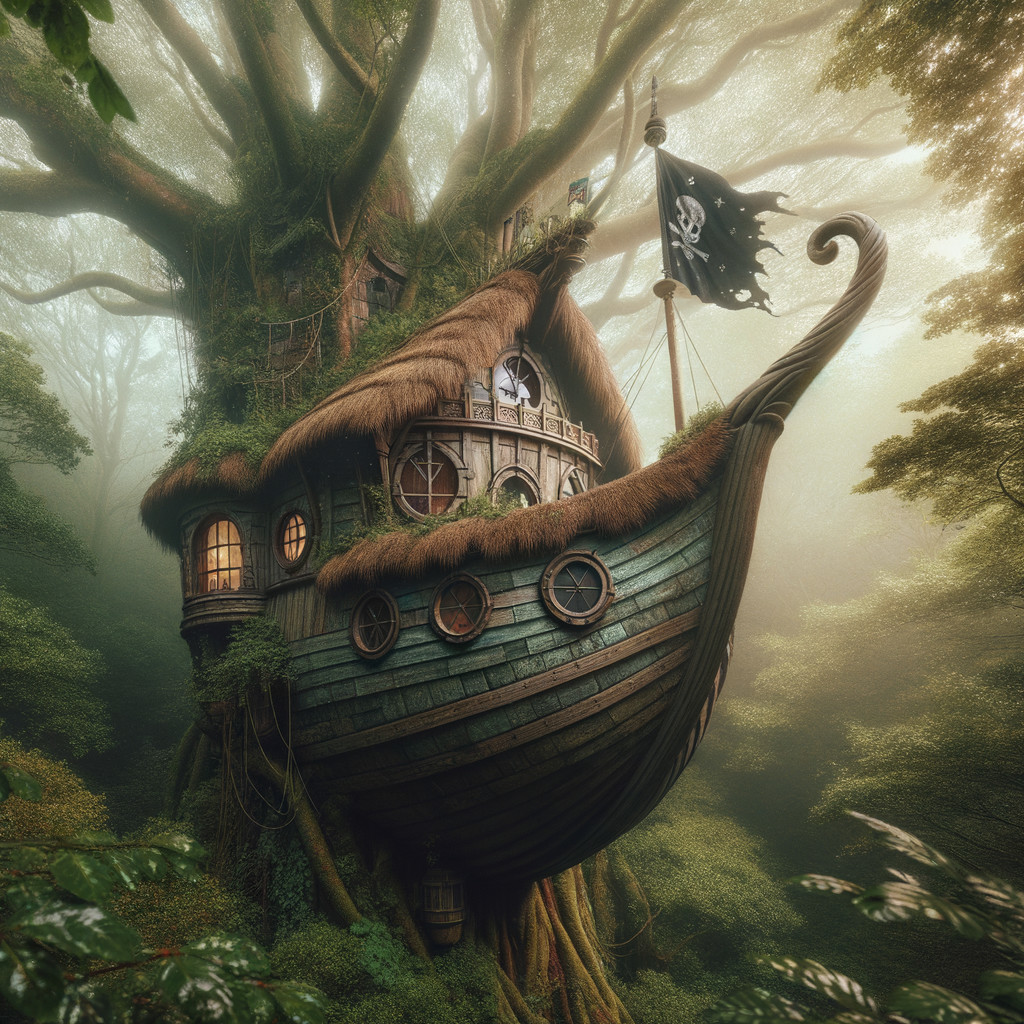 Whimsical Pirate Ship Treehouse Surrounded by Trees