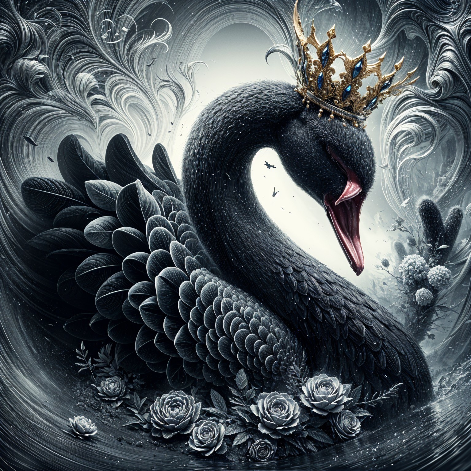 Elegant Black Swan with Crown and Floral Surroundings