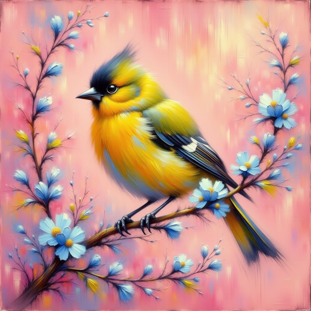 Vibrant Yellow Bird on Branch with Blue Blossoms