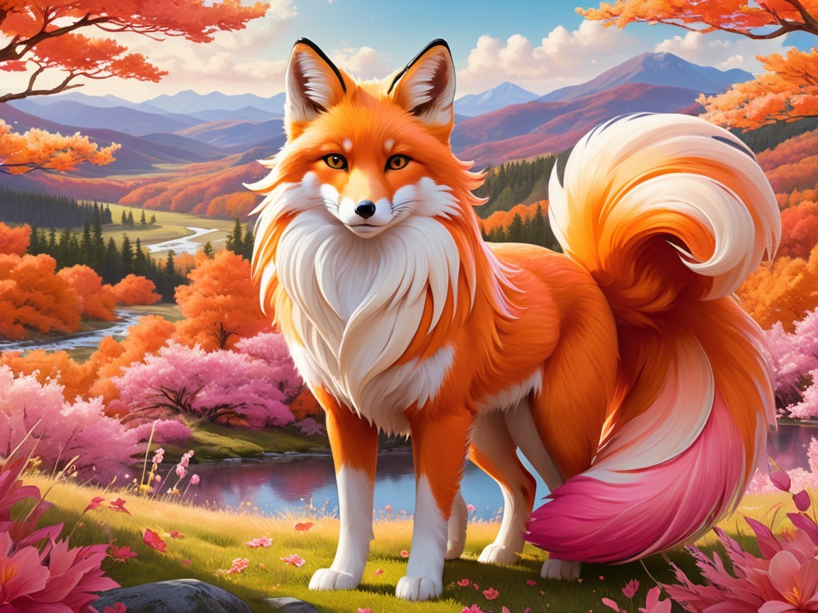 Majestic Fox in Vibrant Autumn Landscape with River