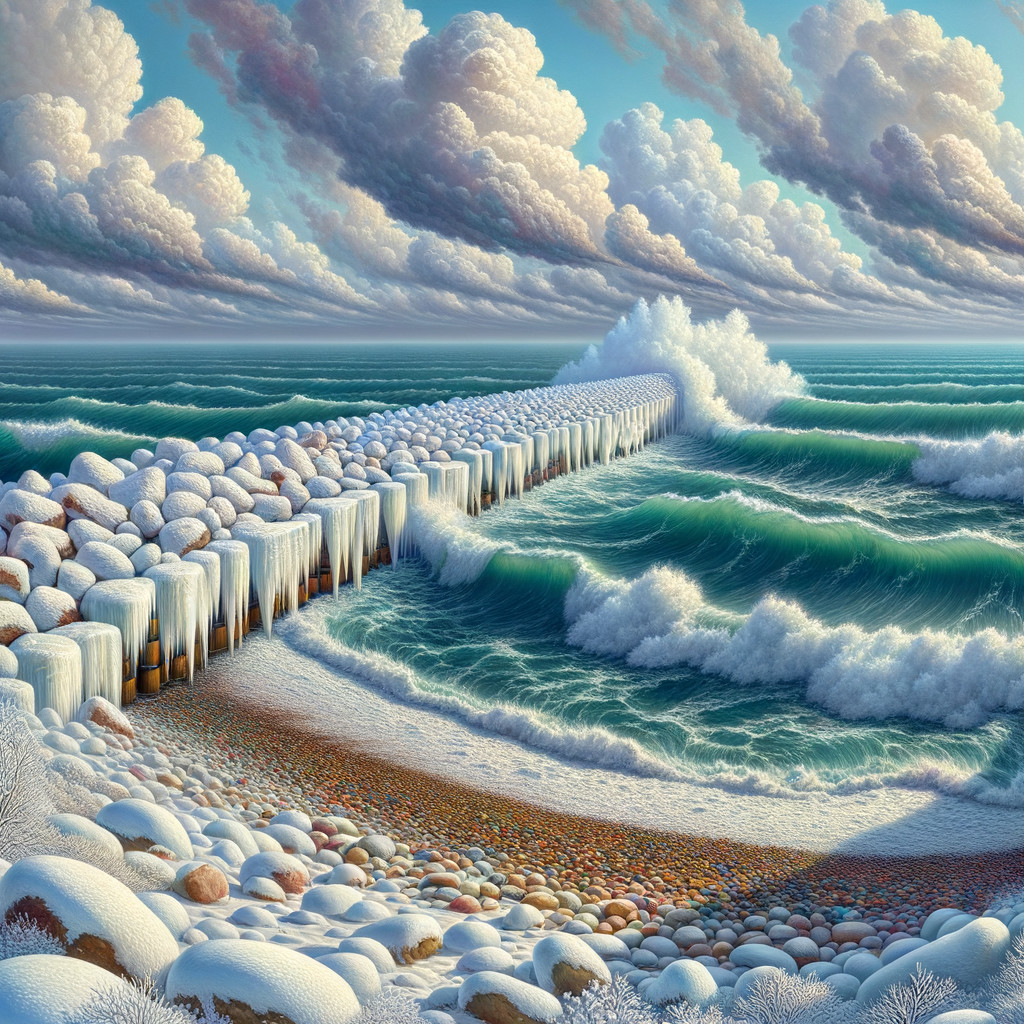 Cold Winter Beach Scene with Dramatic Sky and Waves