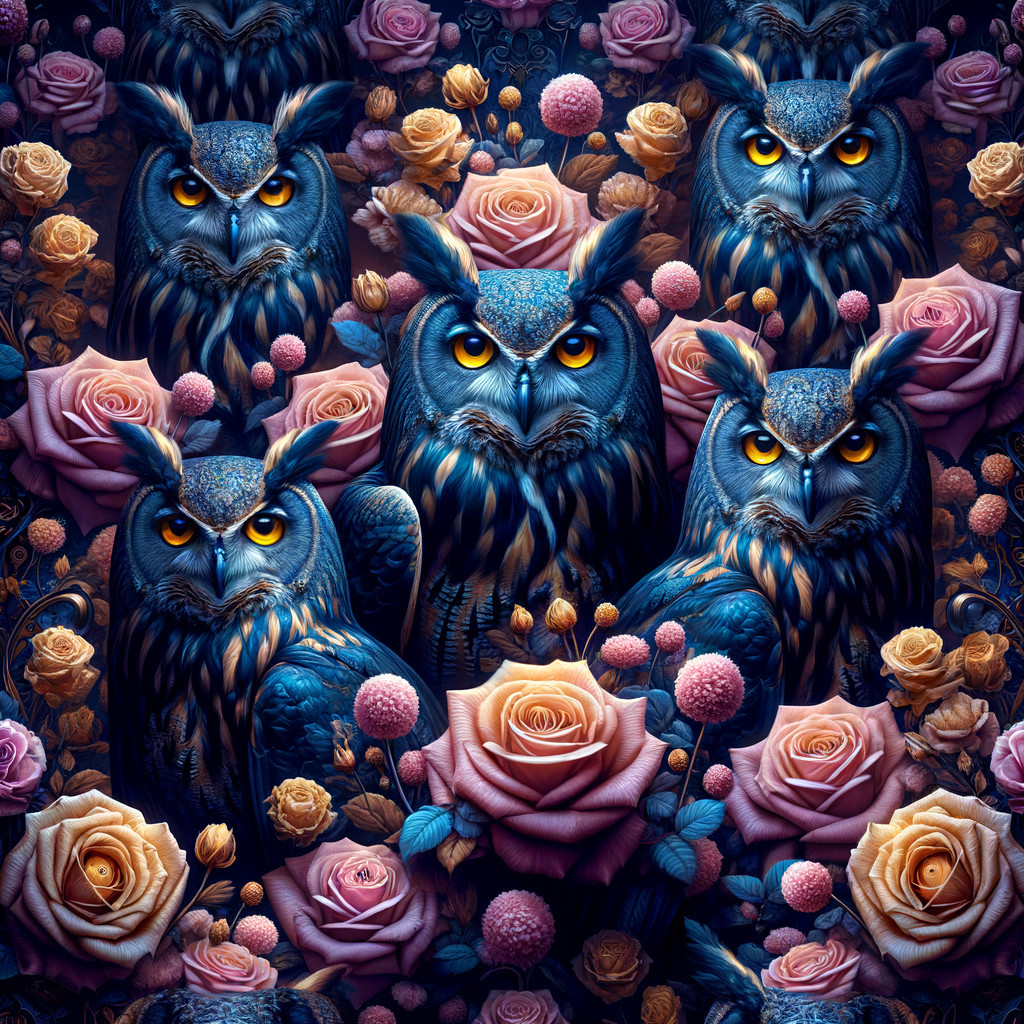 Surreal Artwork of Owls Among Vibrant Roses