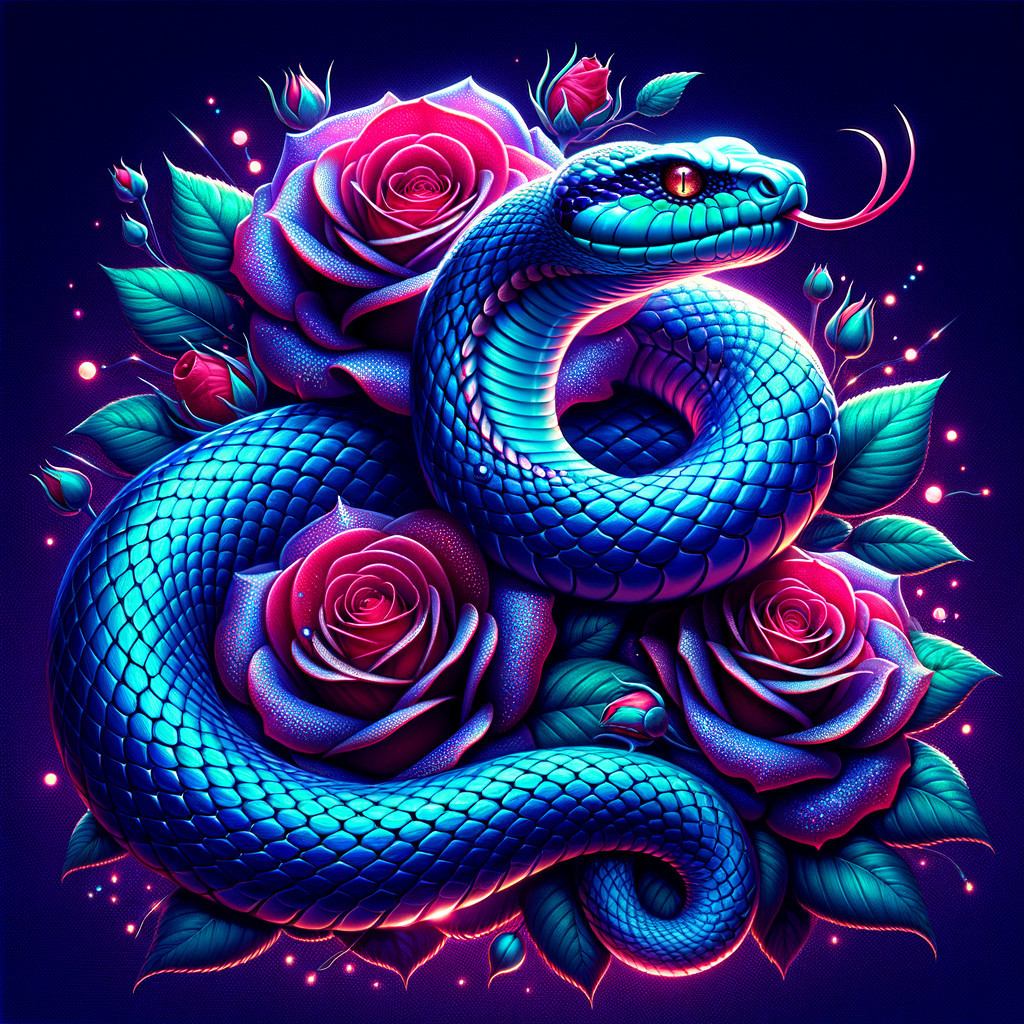Blue Snake Among Lush Roses in Dark Backdrop