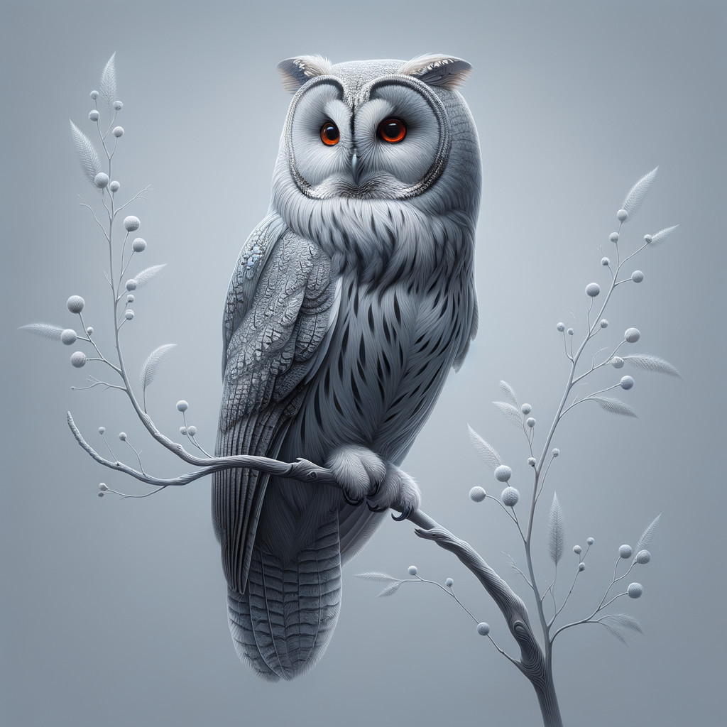 Owl on Branch with Gray Tones and Orange Eyes