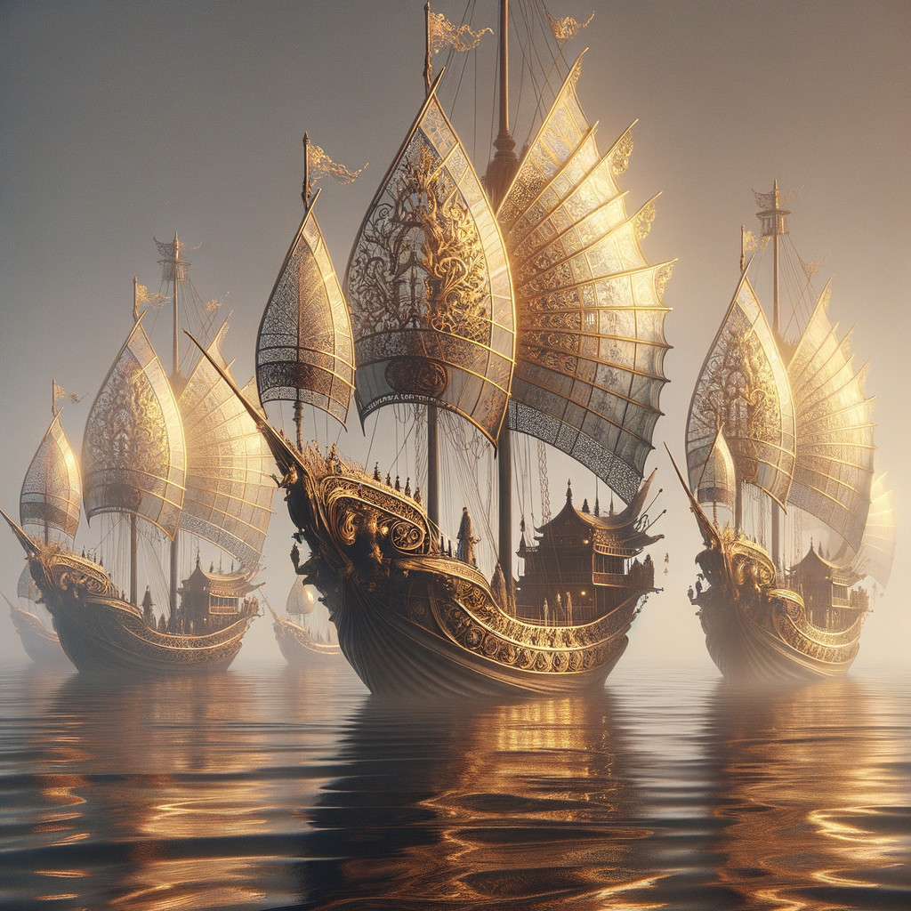 Majestic Ships with Golden Sails on Misty Sea