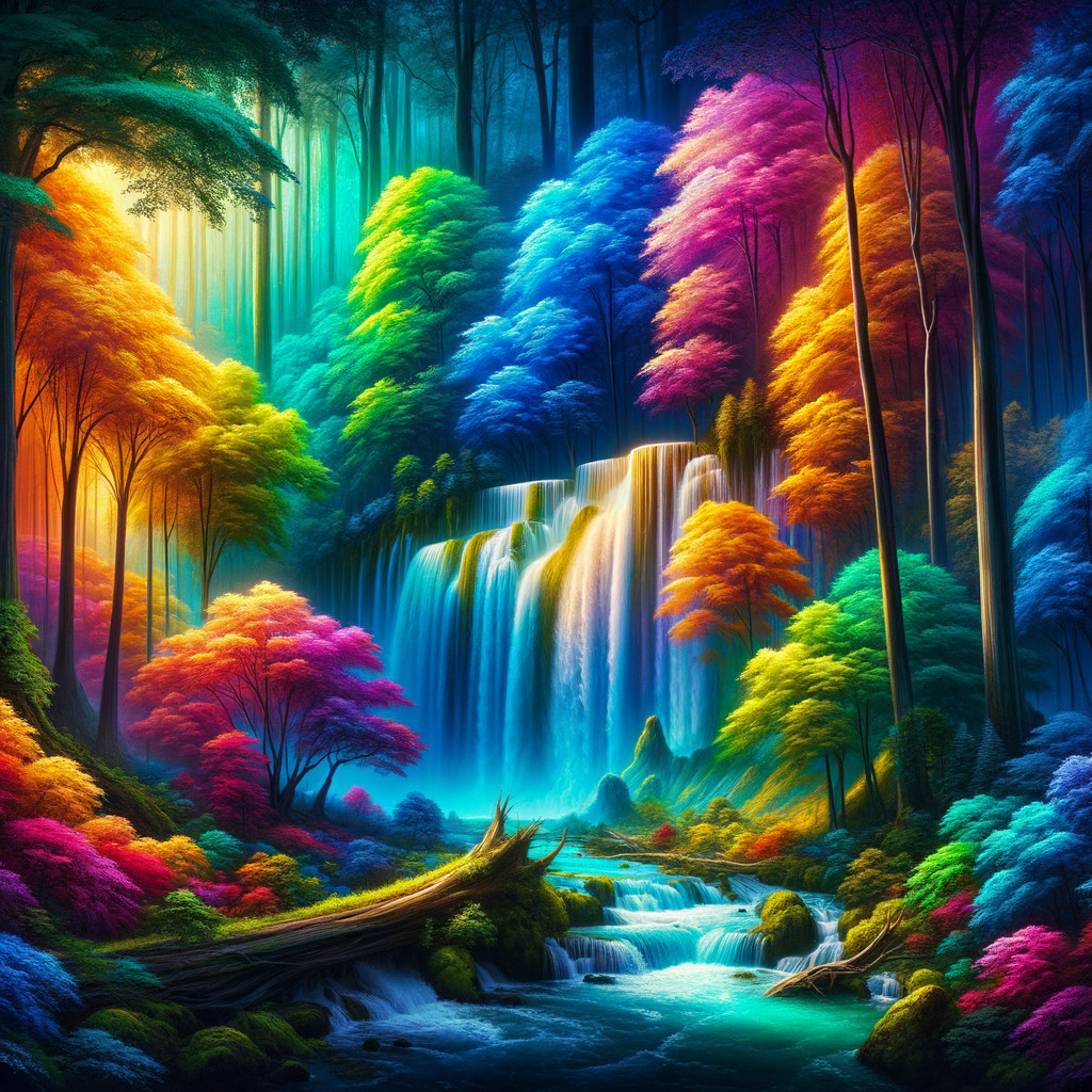 Vibrant Fantasy Landscape with Colorful Waterfall