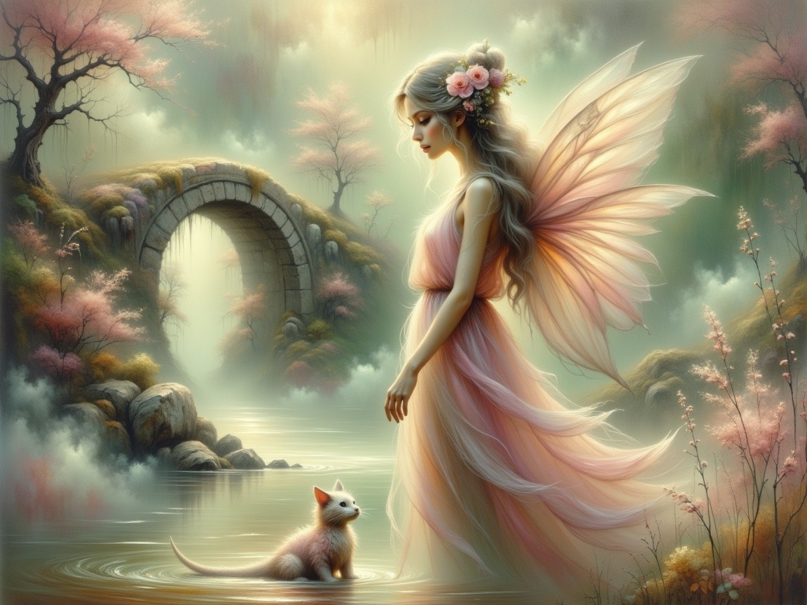 Fairy by Tranquil River with Fox and Bridge