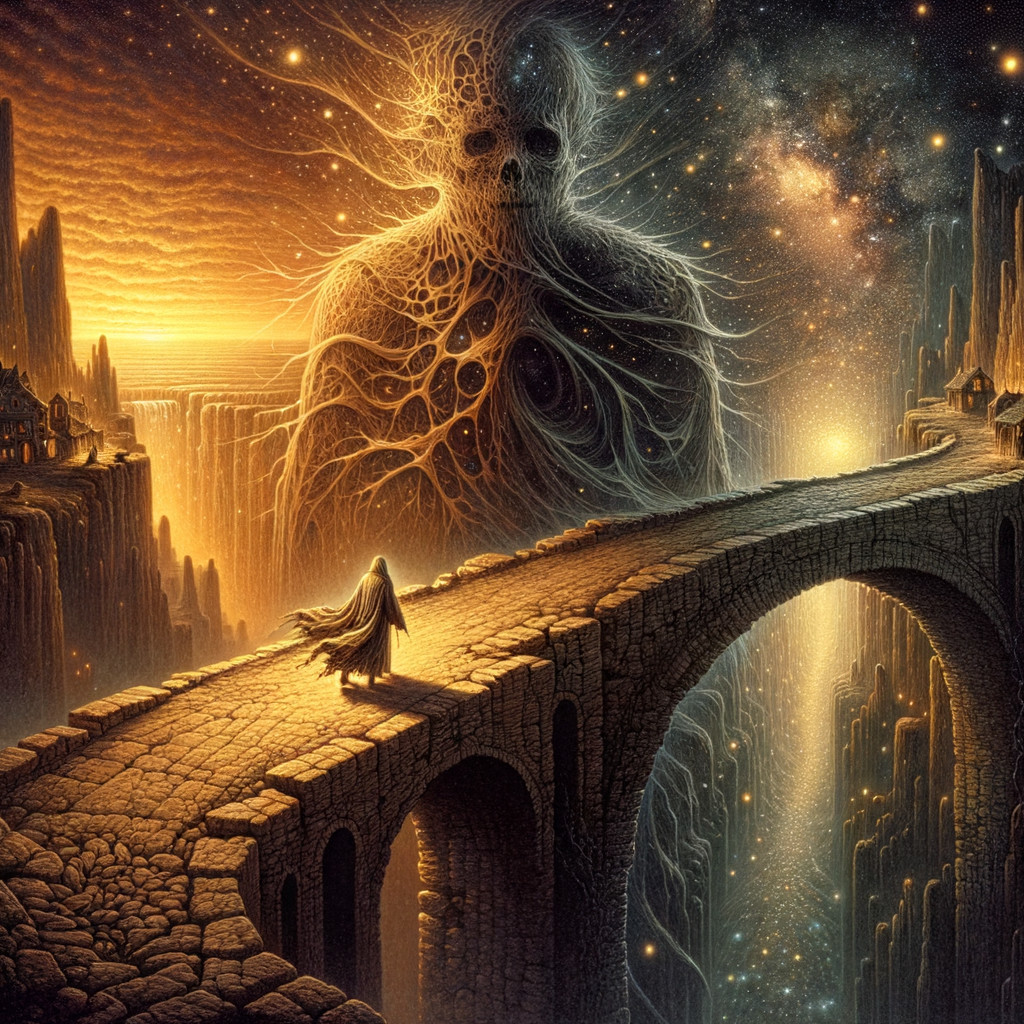 Surreal Landscape with Stone Bridge and Ominous Figure