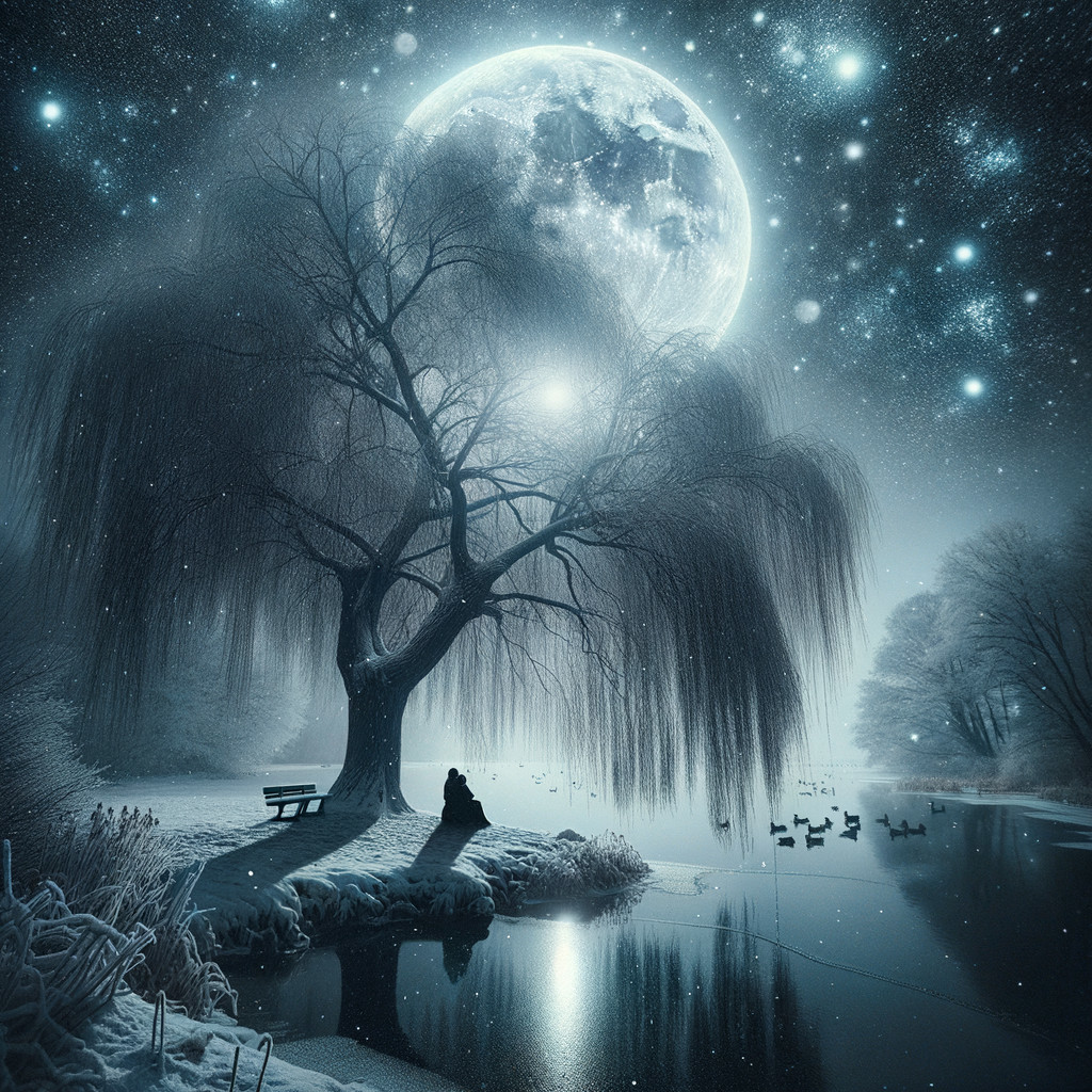Moonlit Night with Weeping Willow by a Still Lake