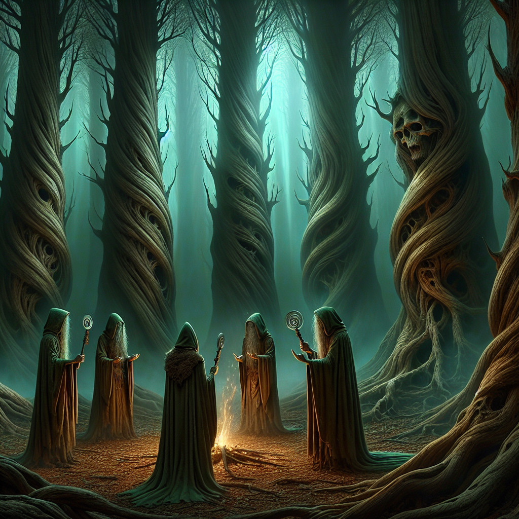 Hooded Figures Gather for Dark Ritual in Twisted Forest
