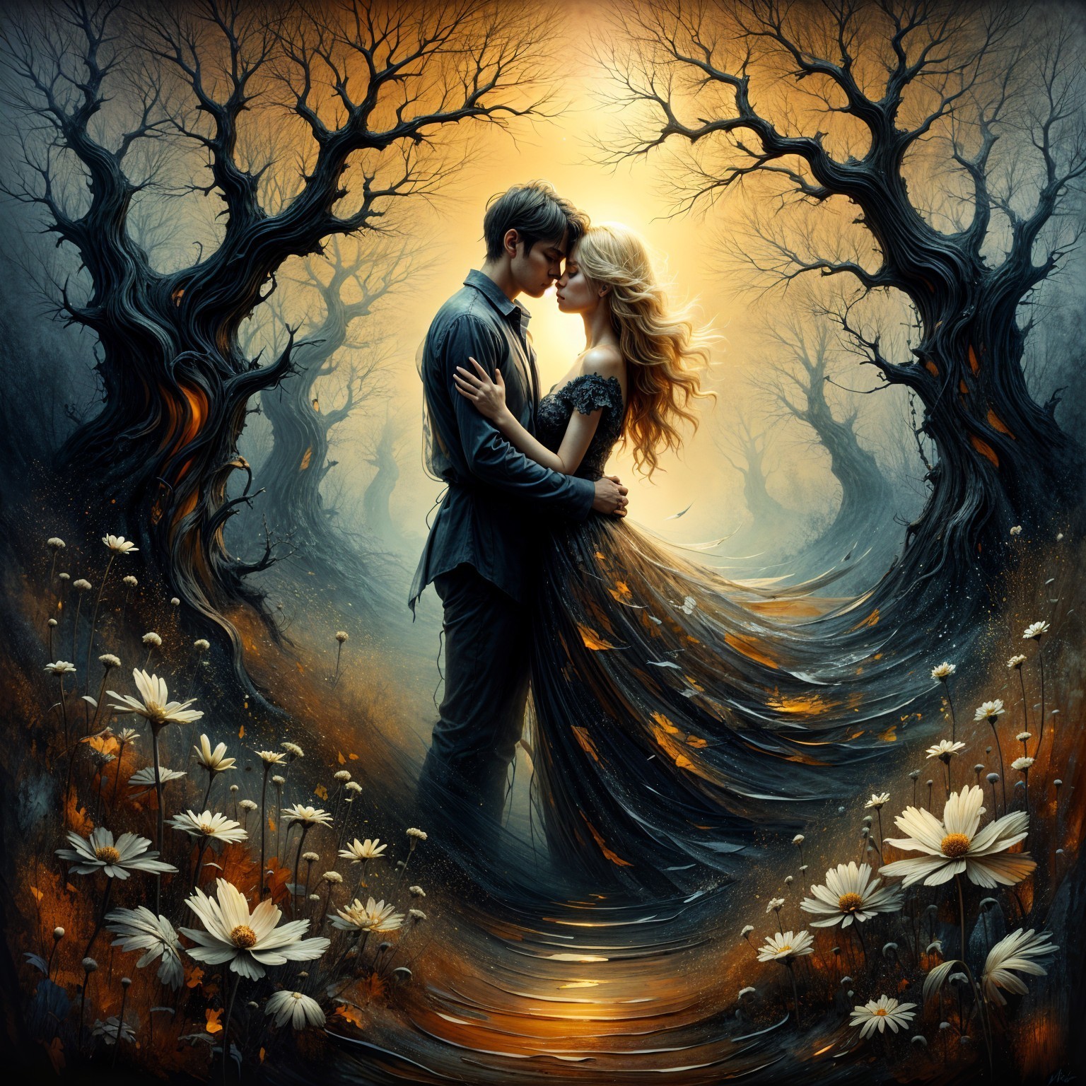 Romantic Embrace in a Mystical Forest Setting