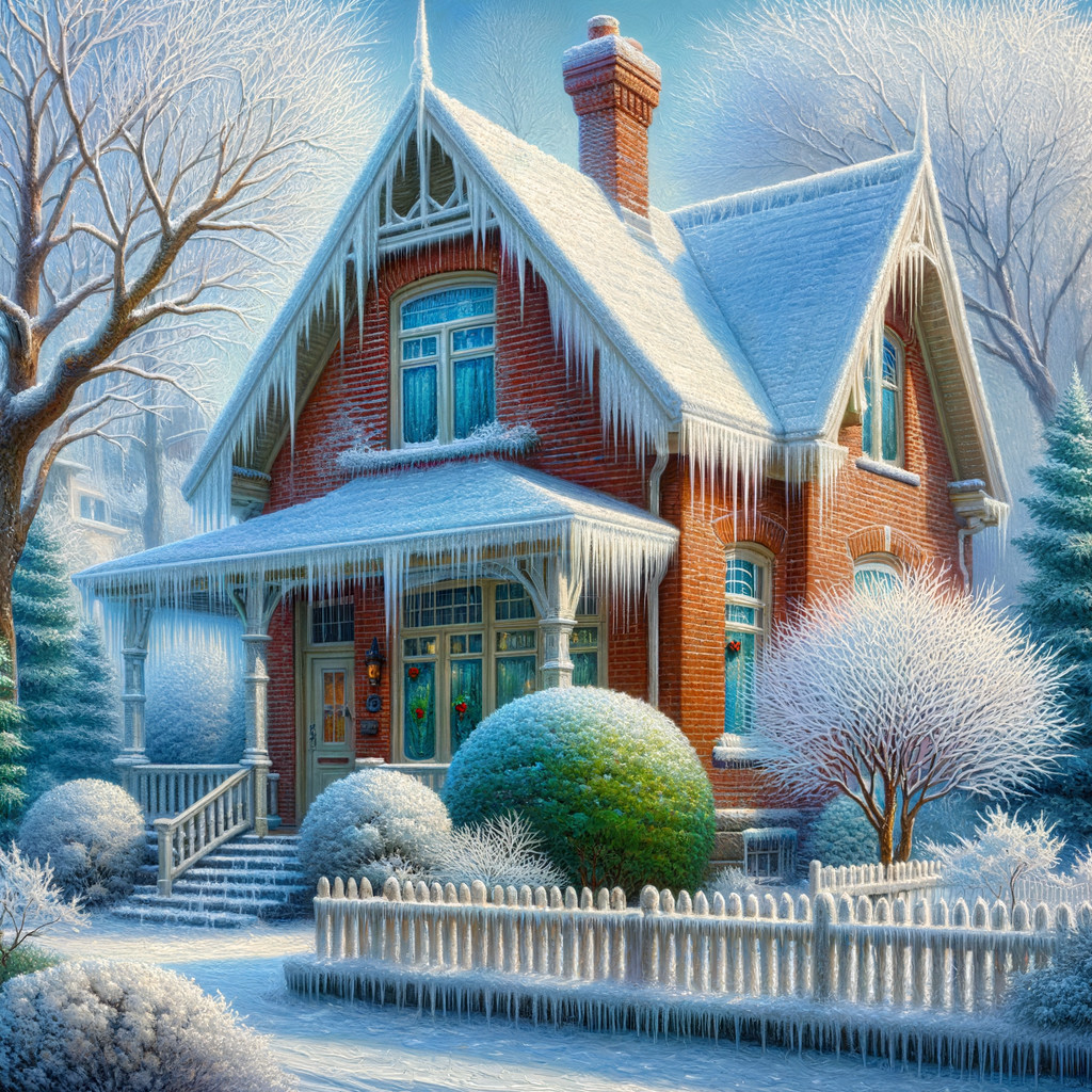 Victorian House in Snow with Picket Fence and Wreath