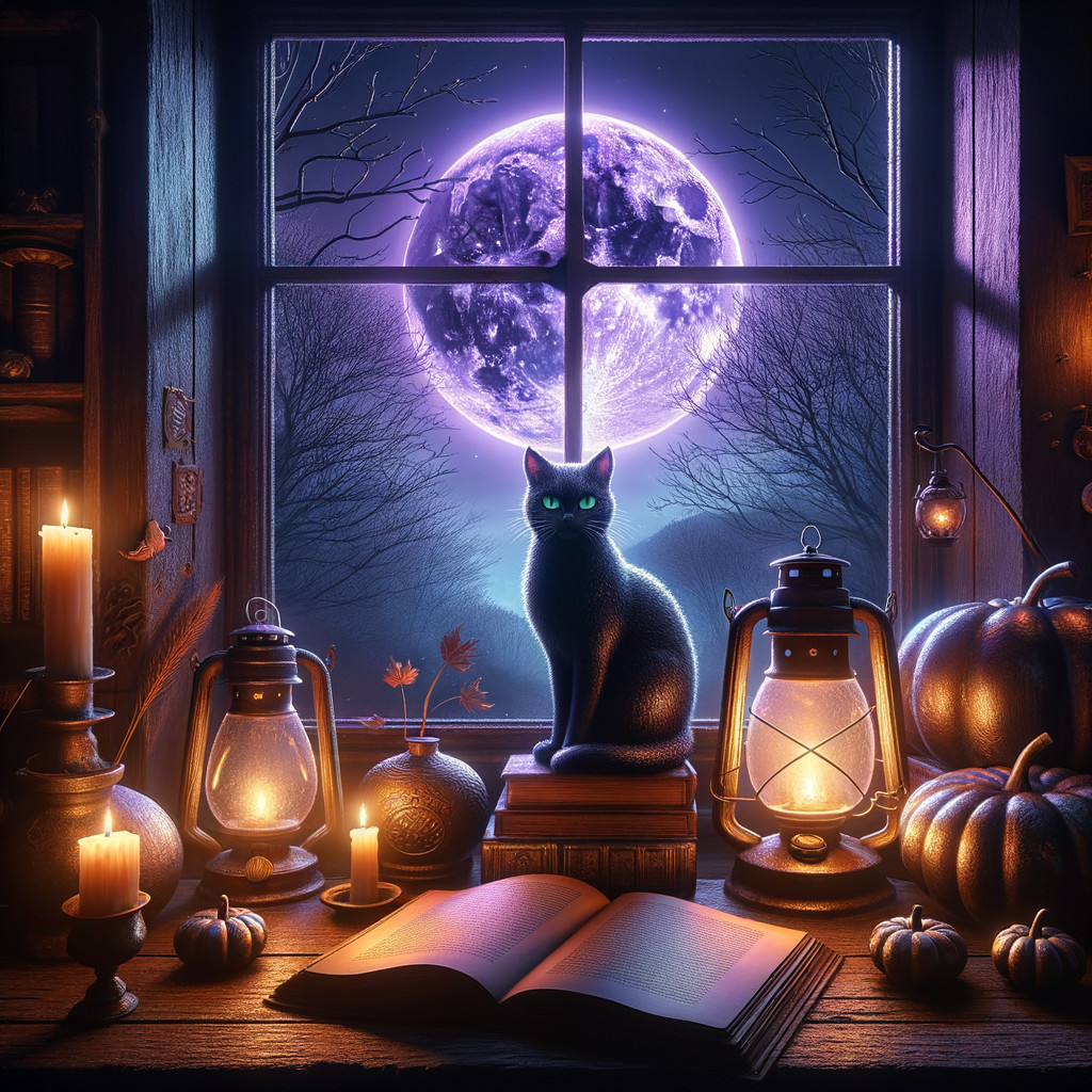 Black Cat by Window with Moonlit Autumn Decor