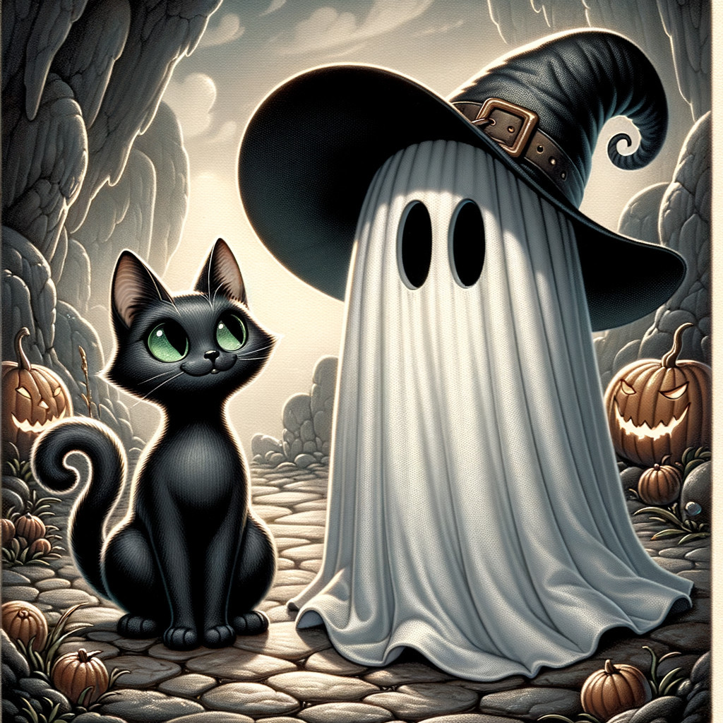 Whimsical Halloween Scene with Cat and Ghost
