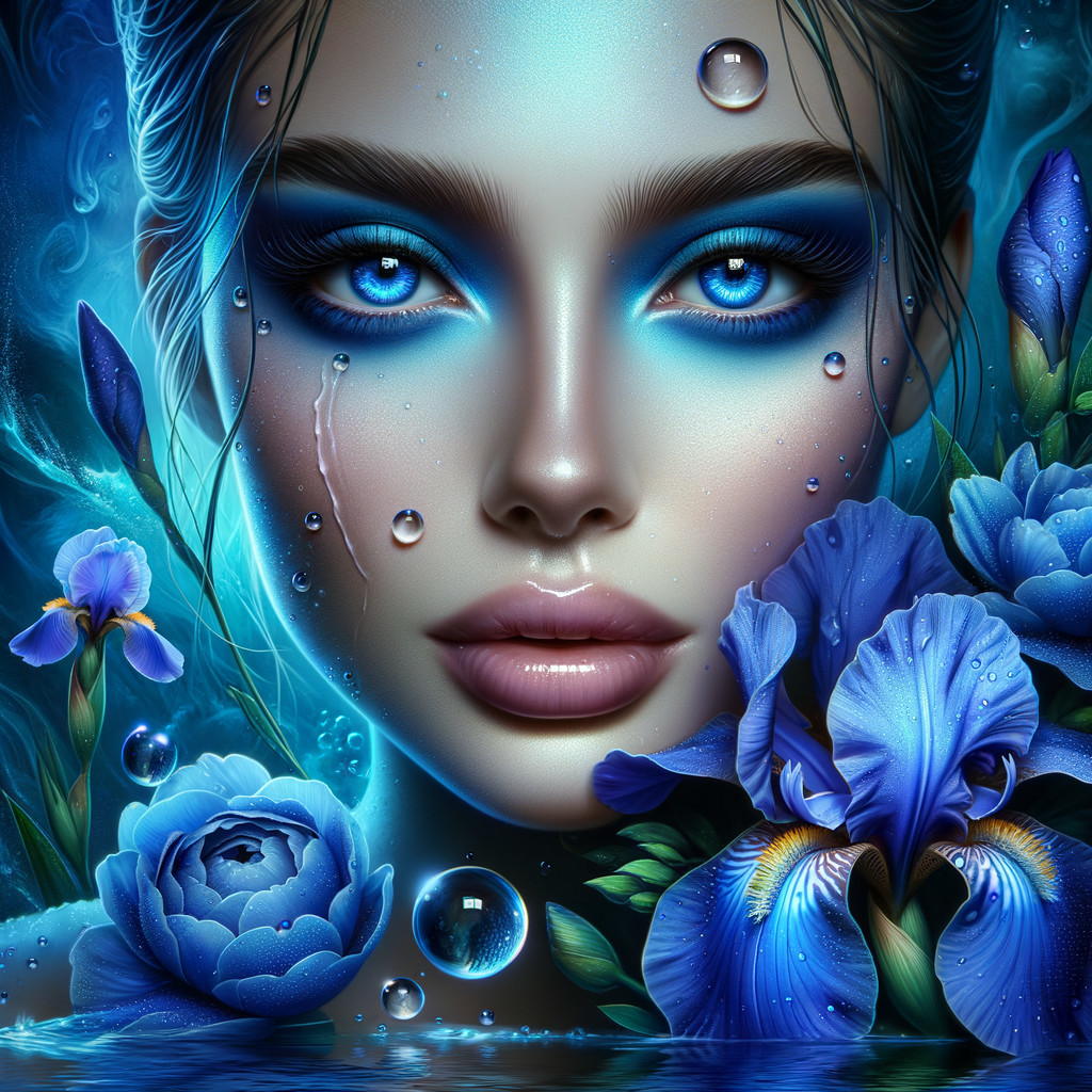 Artistic portrayal of a woman with blue eyes and flowers