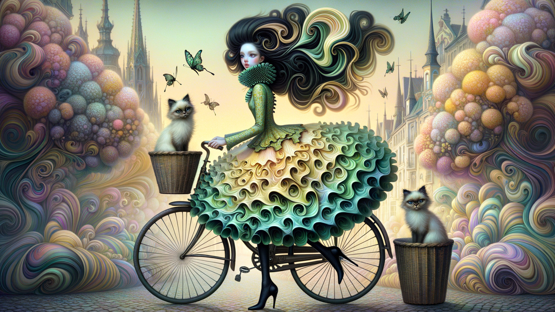 Whimsical Bicycle Scene with Colorful Dress and Cats