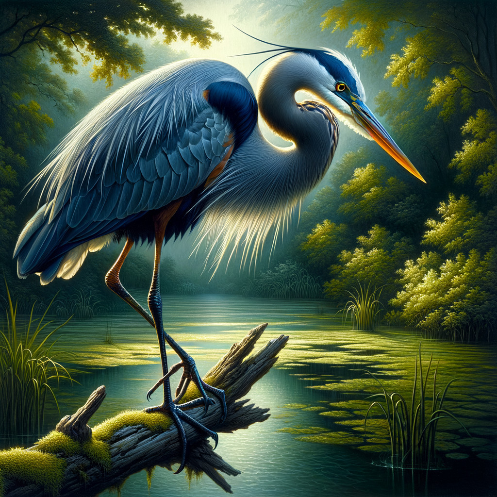 Heron on Mossy Log in Serene Green Landscape