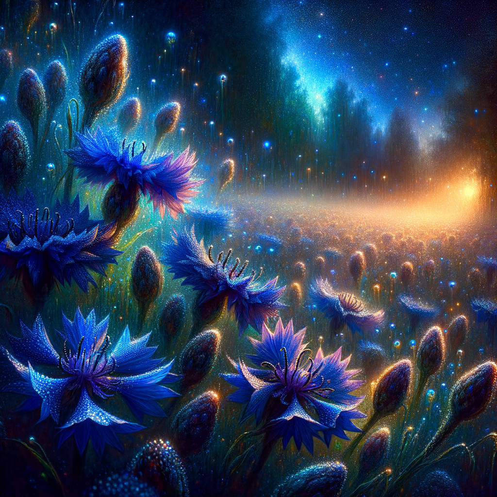 Ethereal Landscape with Luminous Blue Flowers and Stars