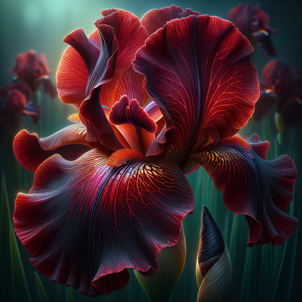 Close-Up of a Vibrant Red Iris Flower with Details