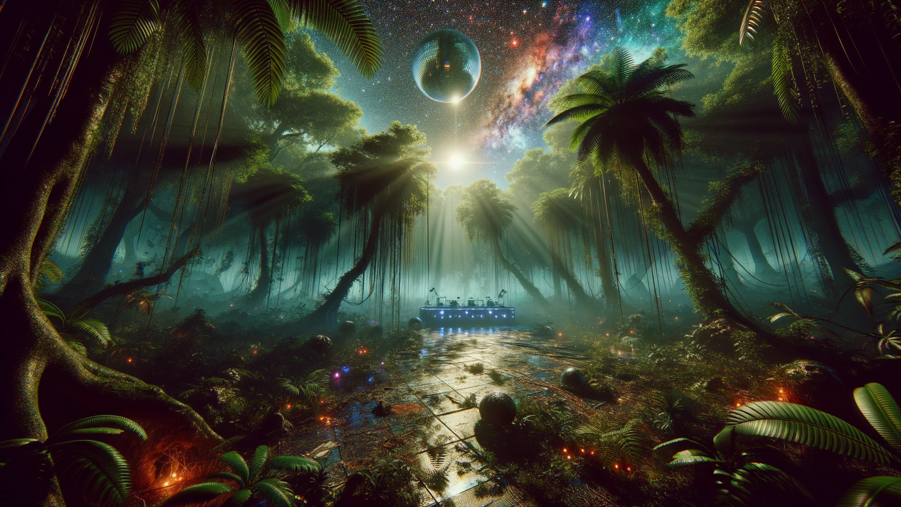 Otherworldly jungle scene with glowing futuristic structure