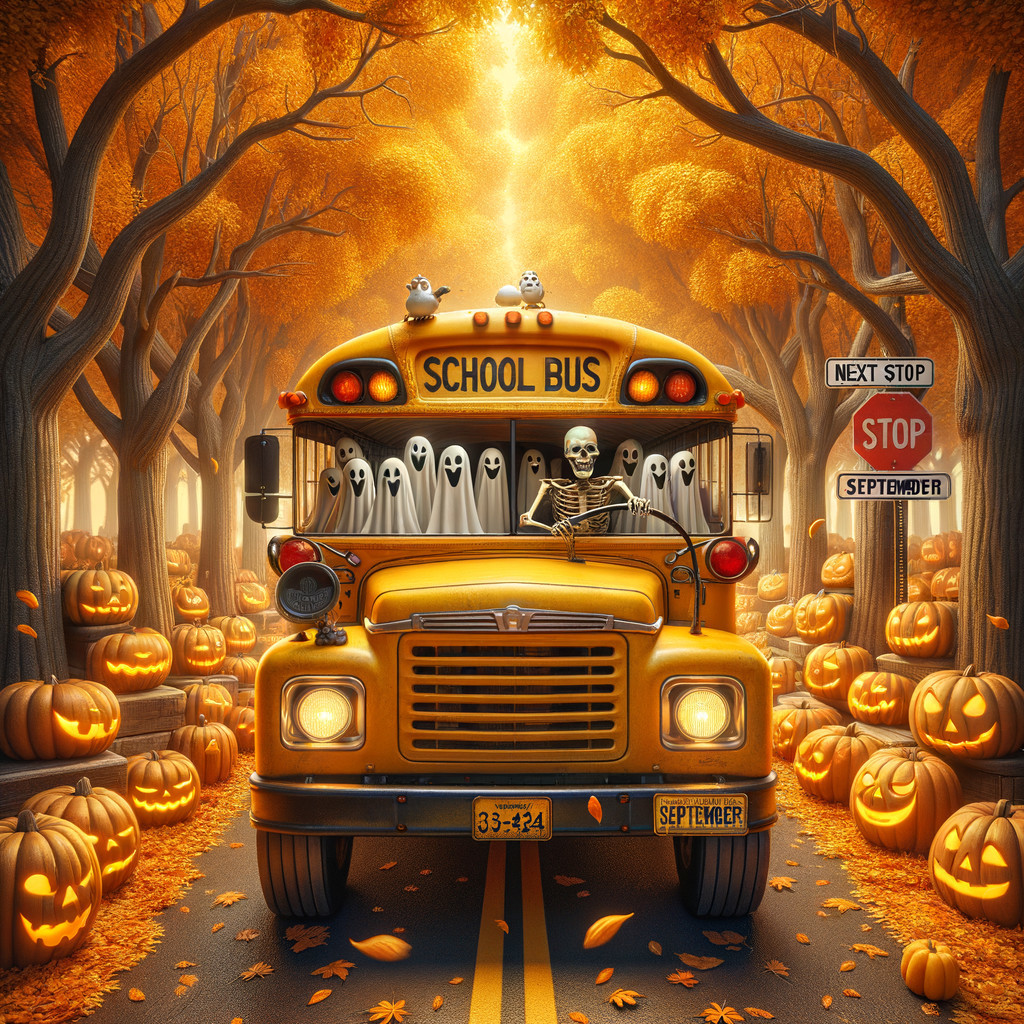Whimsical Halloween School Bus on Autumn Street