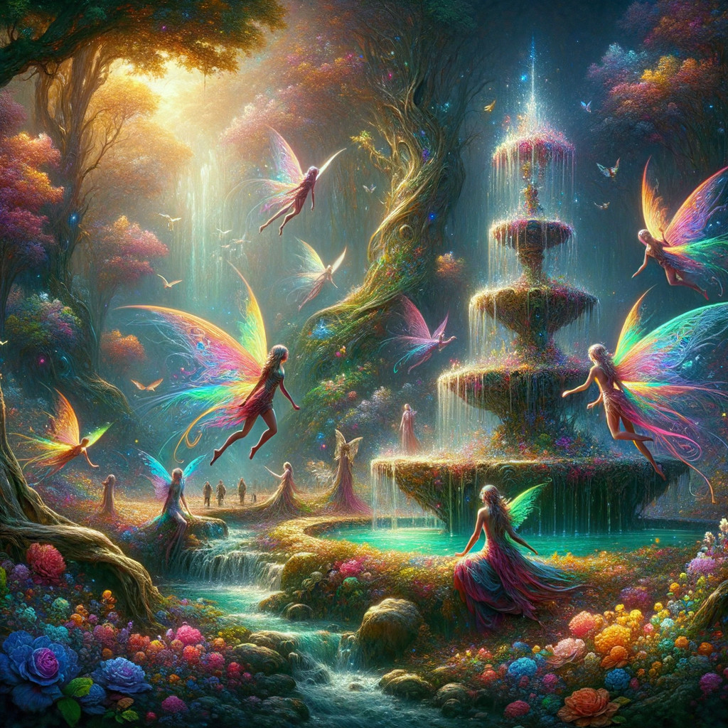 Enchanted forest with fairies and magical fountain