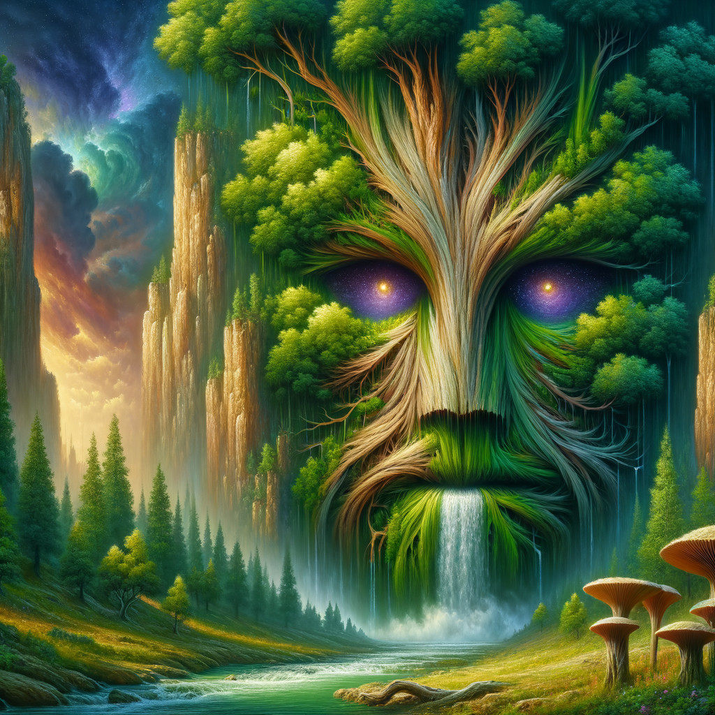 Surreal Landscape with Majestic Tree Face and Waterfall