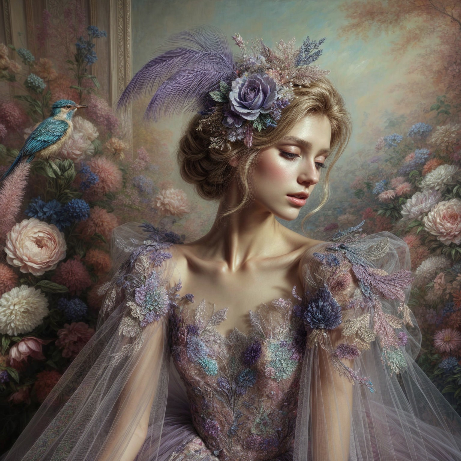 Serene young woman in embroidered floral gown