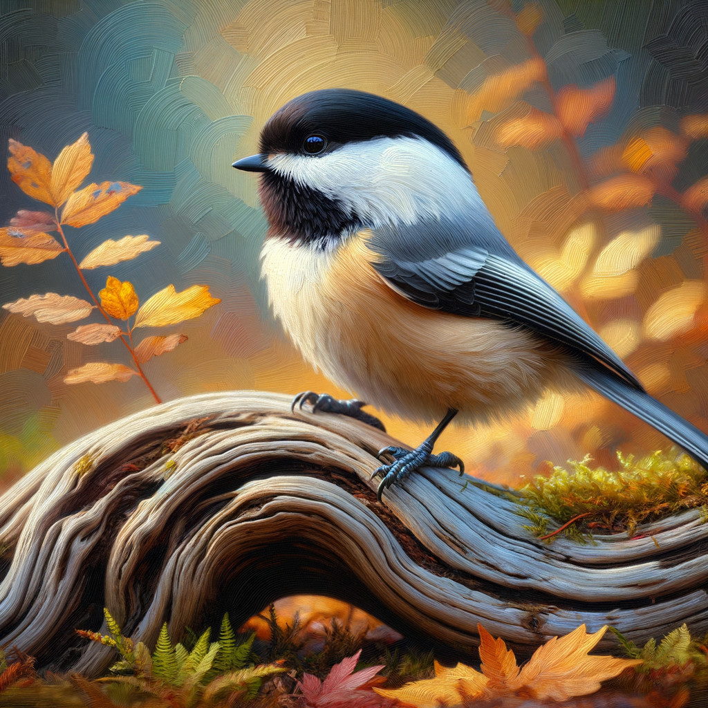 Bird on Weathered Log Amidst Autumn Leaves