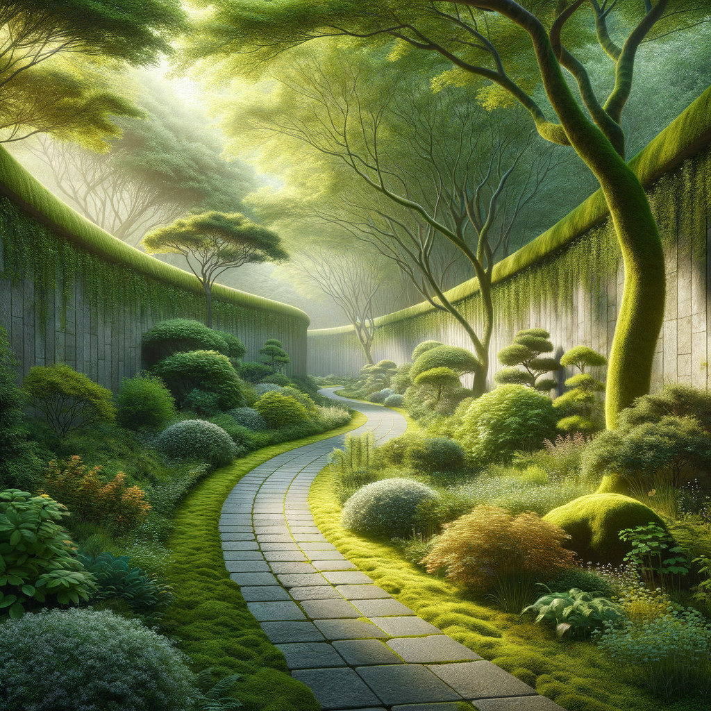 Sunlit Garden Path Surrounded by Lush Greenery