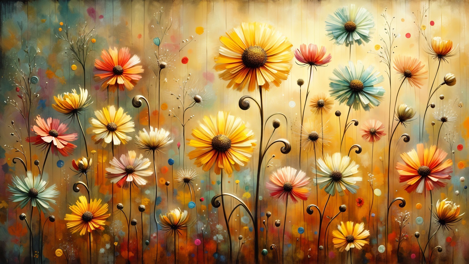 Vibrant Abstract Garden with Colorful Blooming Flowers