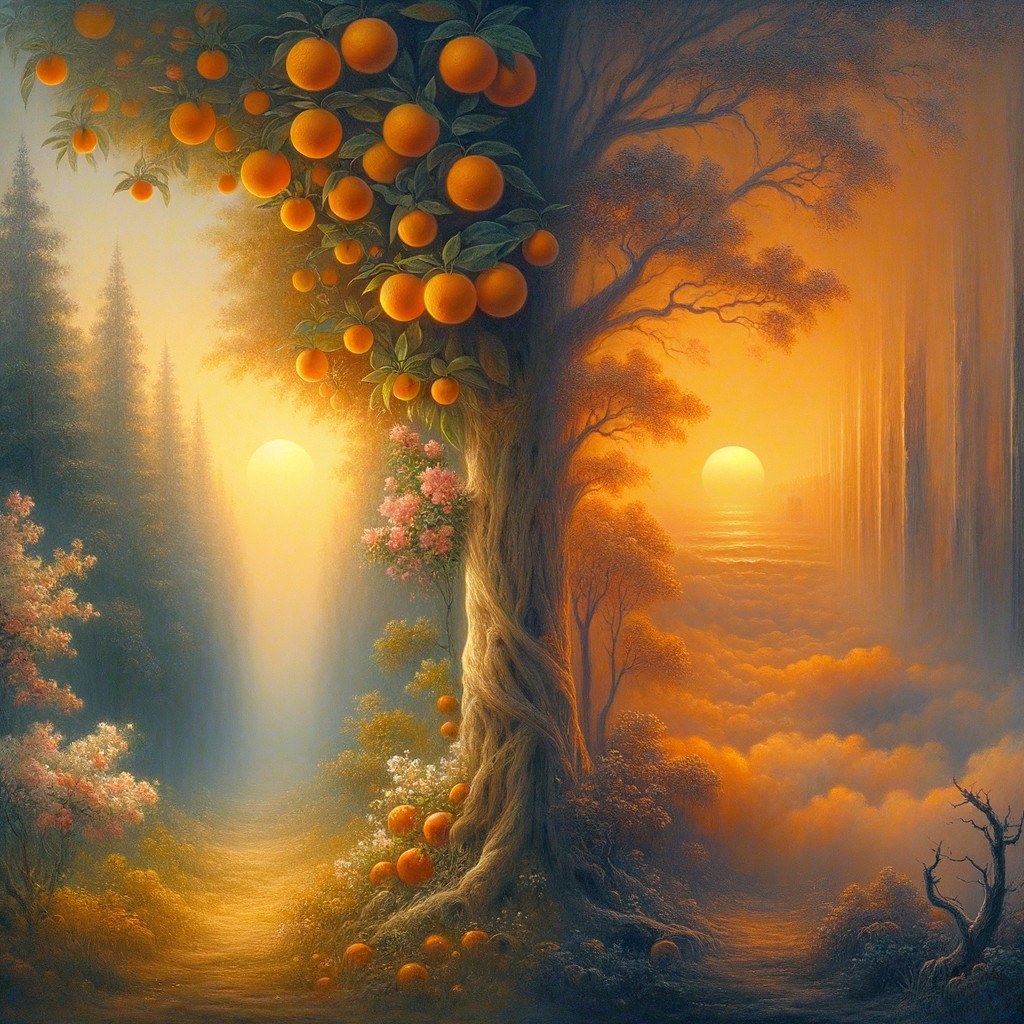 Surreal Landscape with Orange Tree and Sunset Ocean