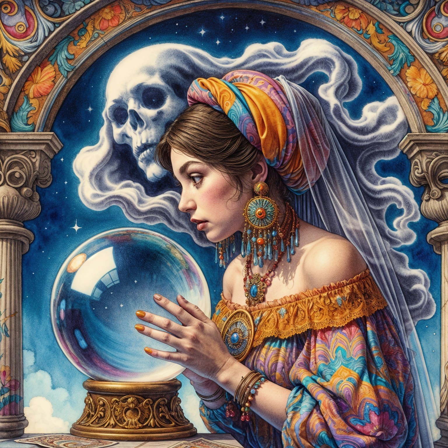 Young woman with crystal ball in mystical setting