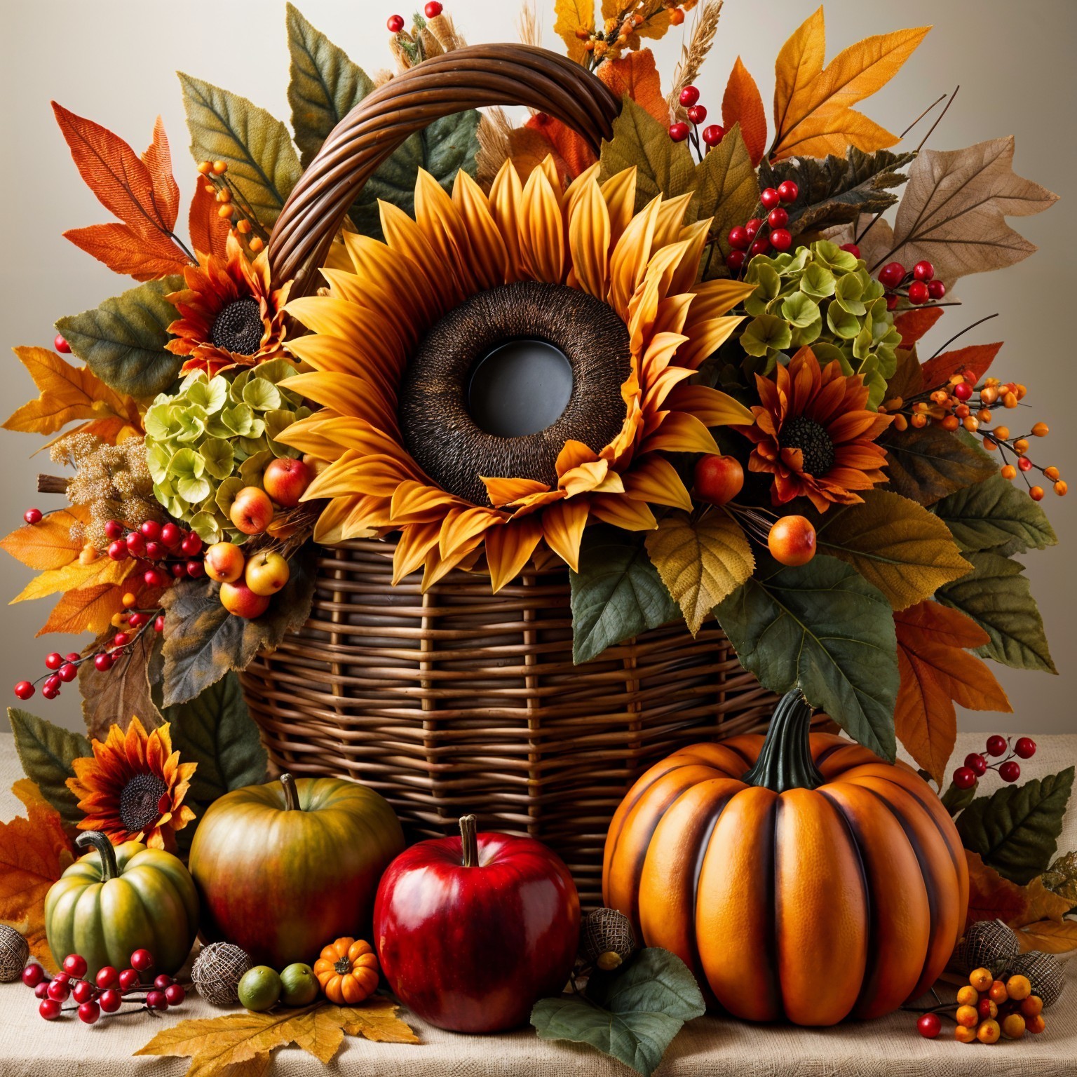 Cozy Autumn Basket with Sunflowers and Seasonal Fruits