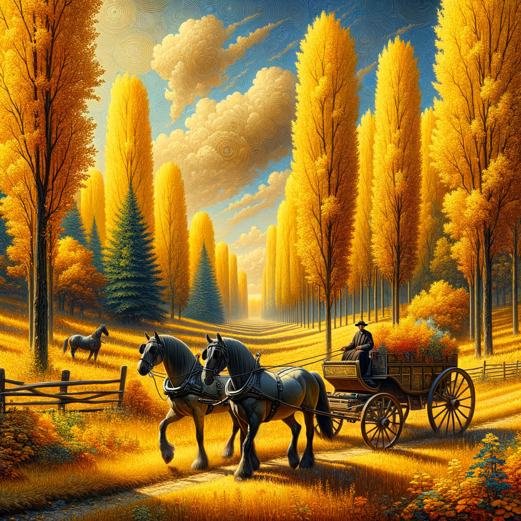 Autumn Landscape with Horses and Colorful Foliage