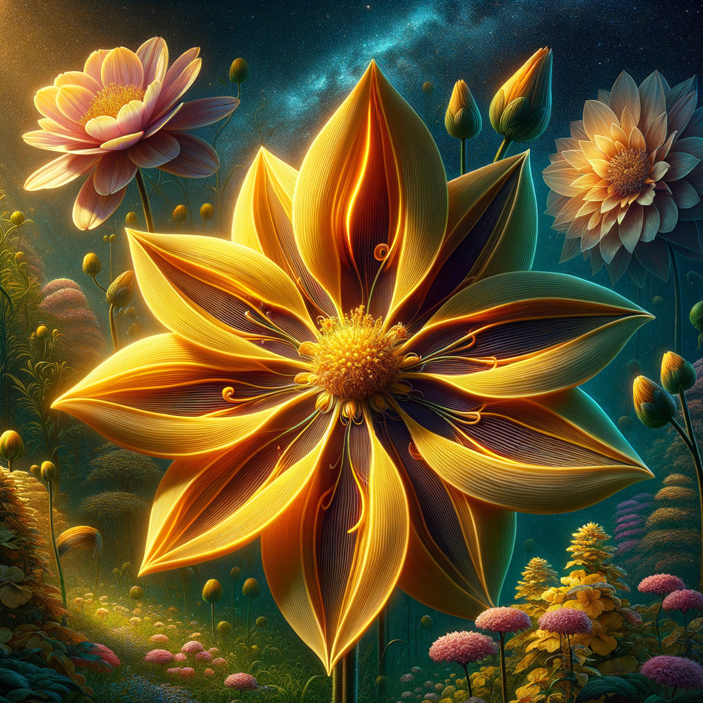 Surreal Garden Landscape with Giant Golden Flower