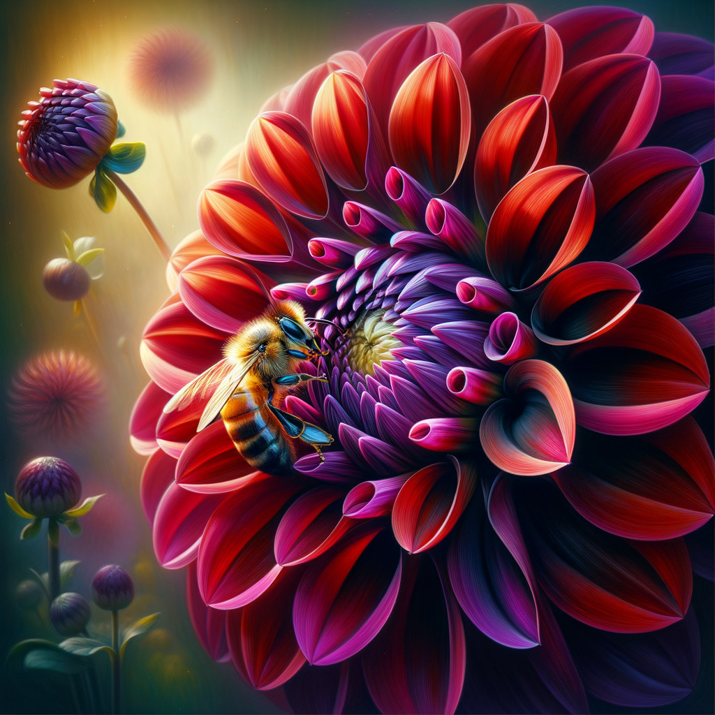 Vibrant red and purple dahlia flower with honeybee