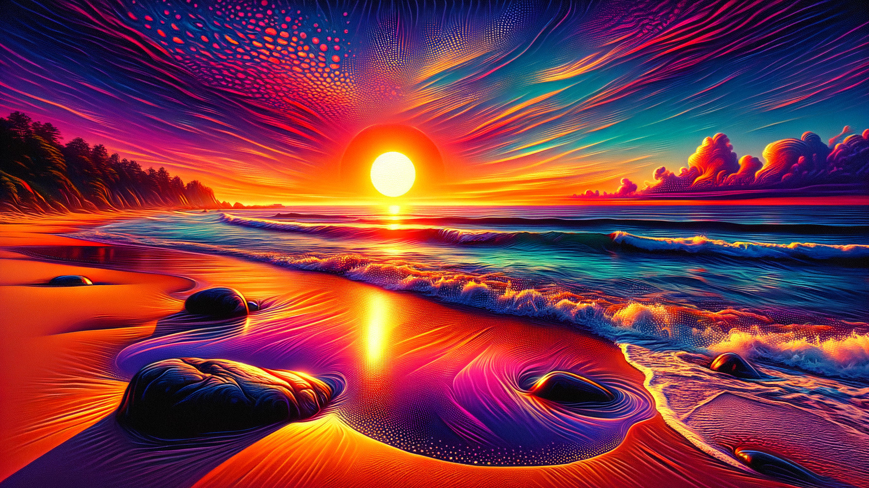 Vibrant Sunset Over a Tranquil Beach Scene