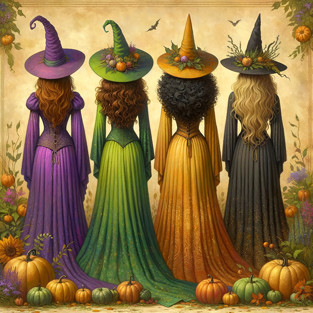 Four Witches in Colorful Gowns and Pointy Hats