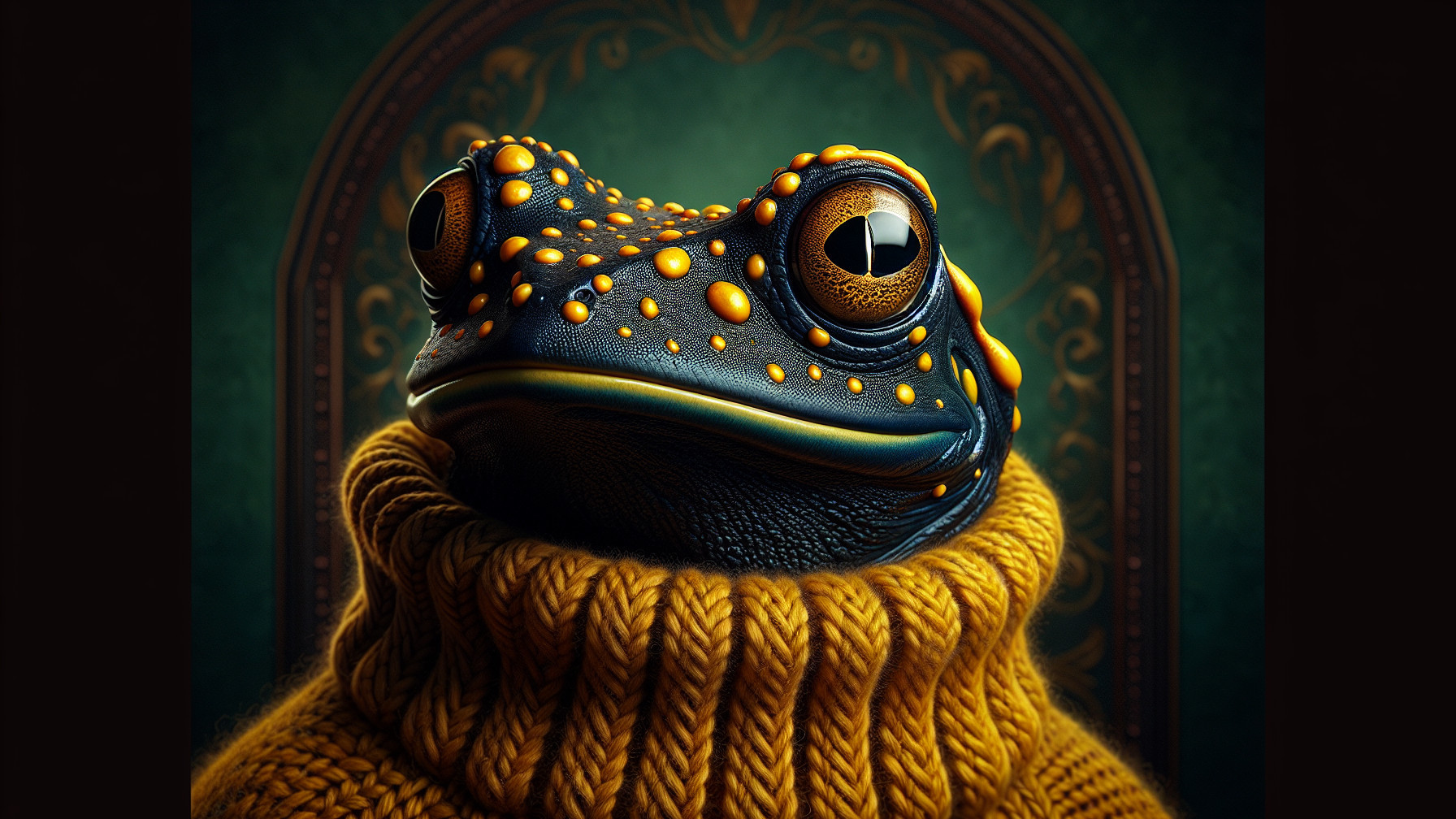 Whimsical Frog in Sweater Against Elegant Background